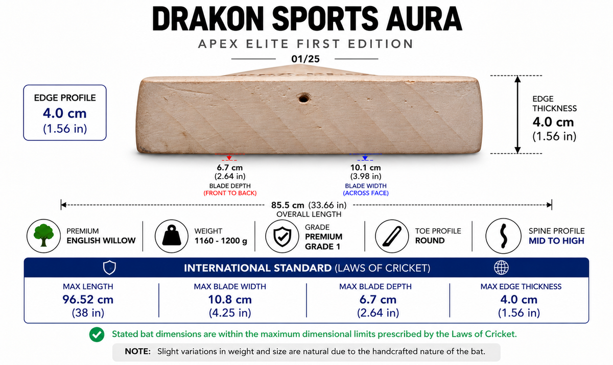 DRAKON AURA Apex Elite First Edition Grade 1 English Willow Cricket Bat – Limited Edition