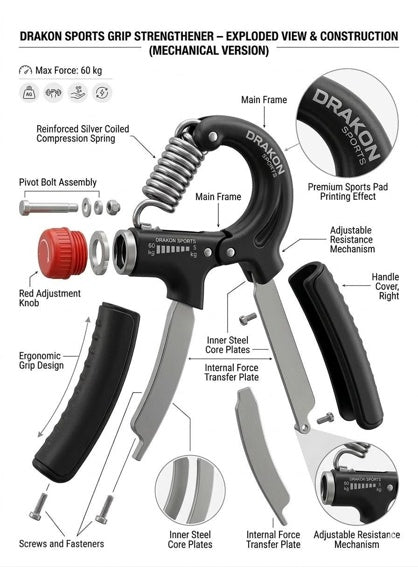 Drakon Sports Adjustable Hand Gripper with Rep Counter (5kg - 60kg) | Professional Power Gripper & Finger Exerciser for Men & Women | Forearm & Grip Strength Trainer (Black)
