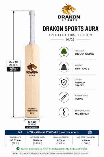 DRAKON AURA Apex Elite First Edition Grade 1 English Willow Cricket Bat – Limited Edition