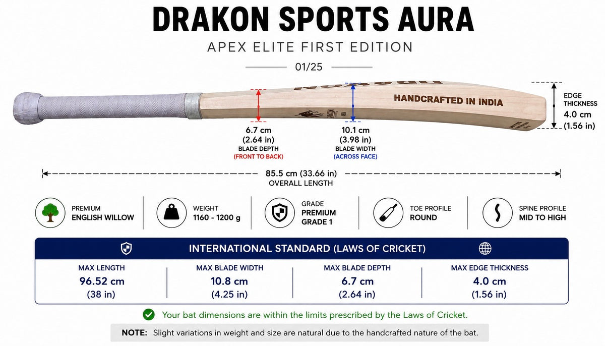 DRAKON AURA Apex Elite First Edition Grade 1 English Willow Cricket Bat – Limited Edition
