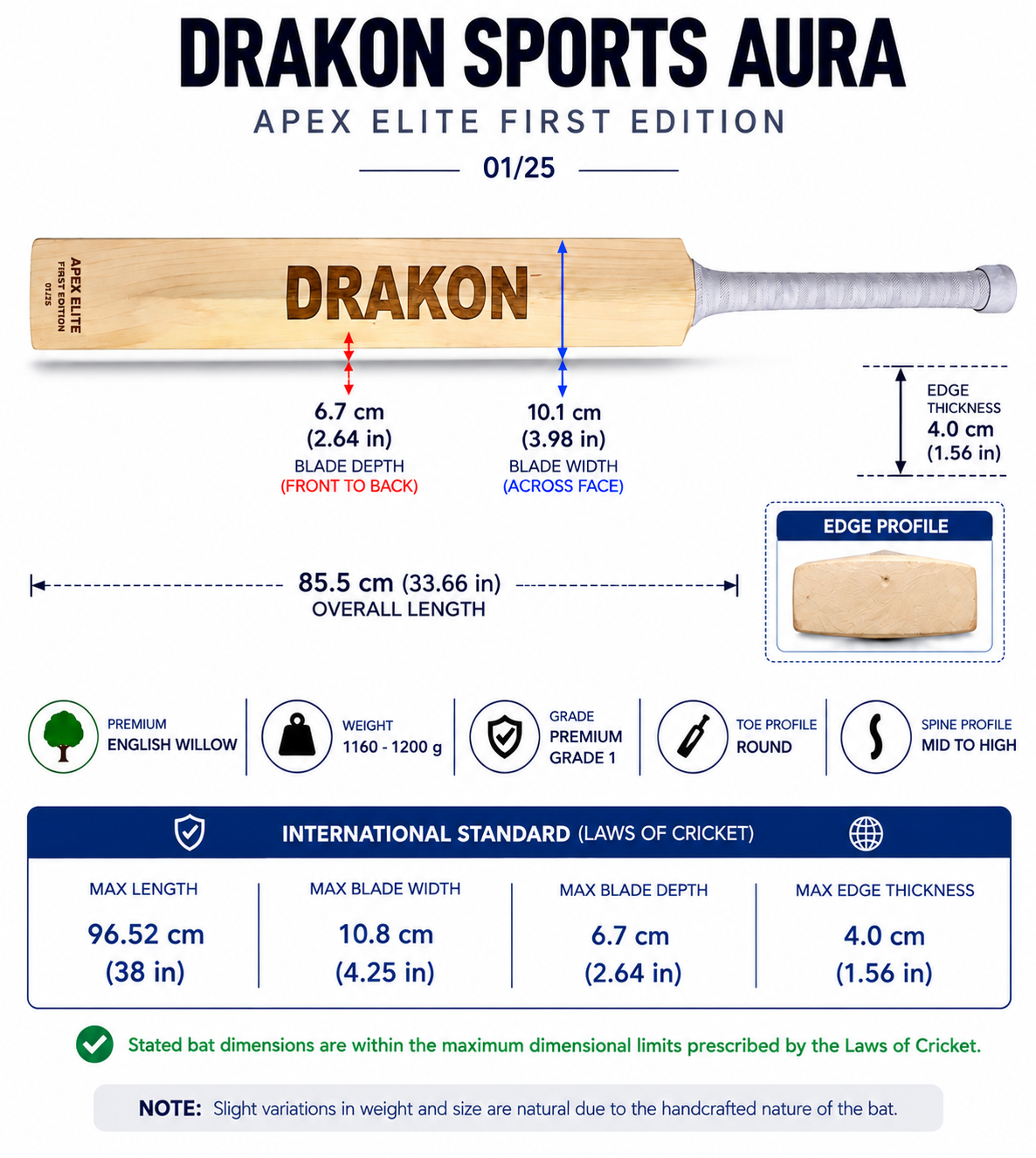 DRAKON AURA Apex Elite First Edition Grade 1 English Willow Cricket Bat – Limited Edition