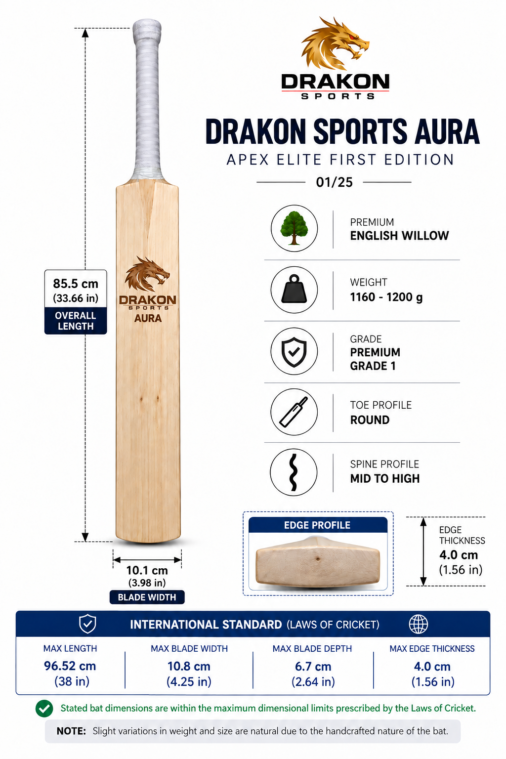 DRAKON AURA Apex Elite First Edition Grade 1 English Willow Cricket Bat – Limited Edition
