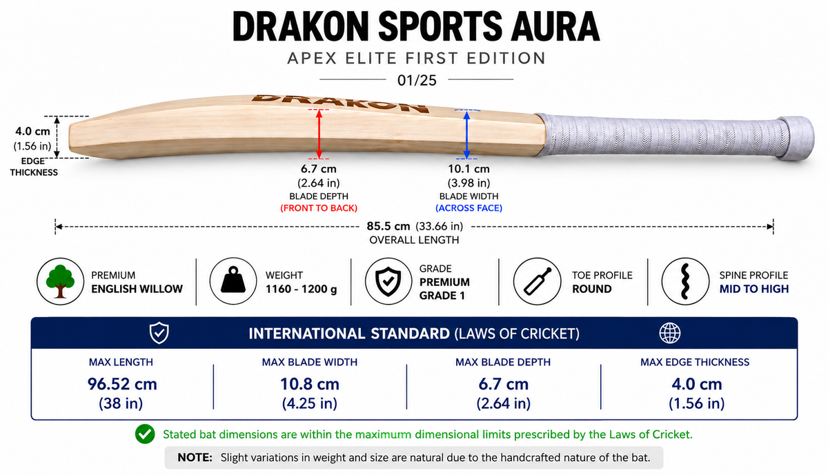 DRAKON AURA Apex Elite First Edition Grade 1 English Willow Cricket Bat – Limited Edition