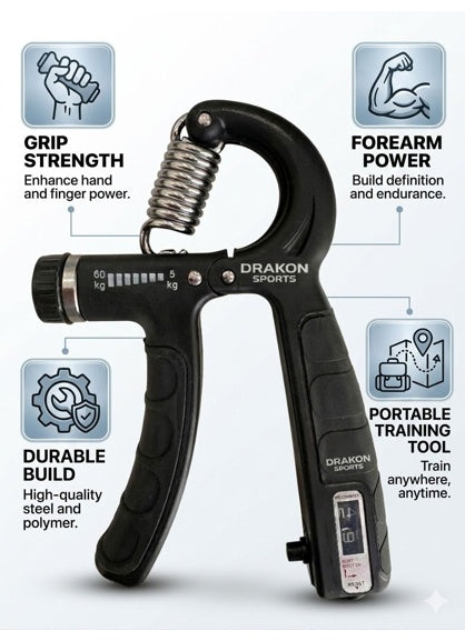 Drakon Sports Adjustable Hand Gripper with Rep Counter (5kg - 60kg) | Professional Power Gripper & Finger Exerciser for Men & Women | Forearm & Grip Strength Trainer (Black)